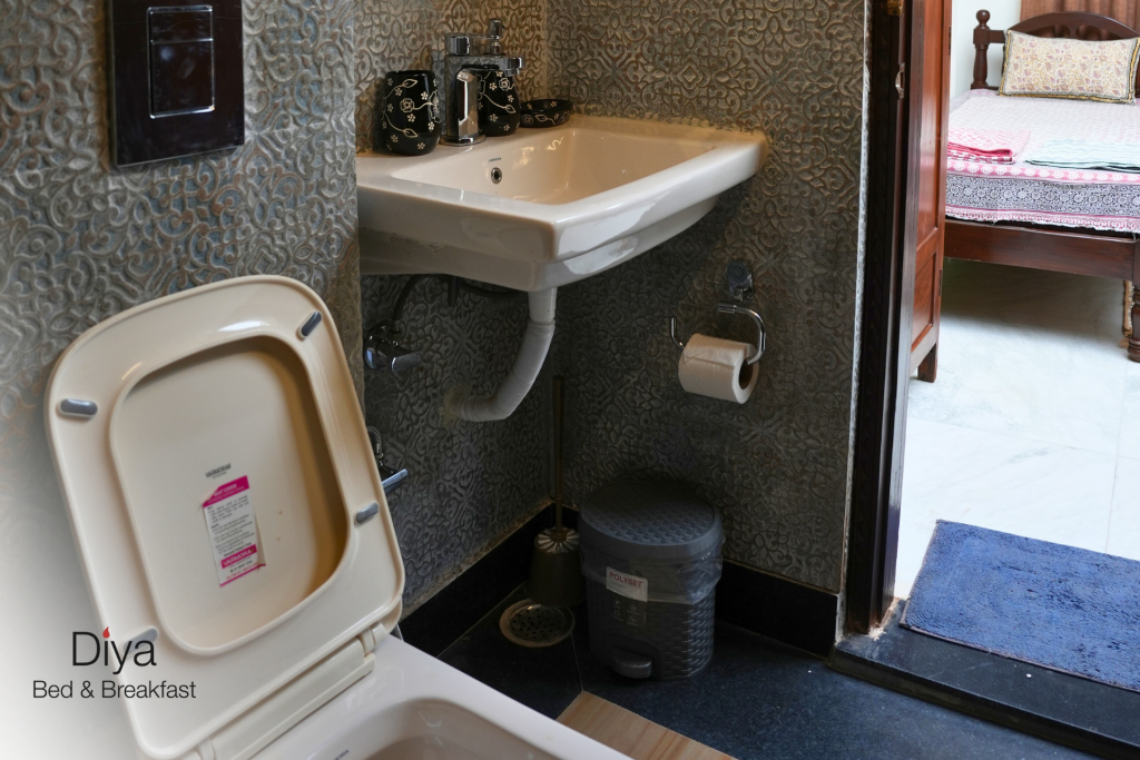Modern bathroom at Diya Bed & Breakfast with a white sink, wall-mounted toilet, handheld bidet, toilet paper holder, and patterned wall tiles.